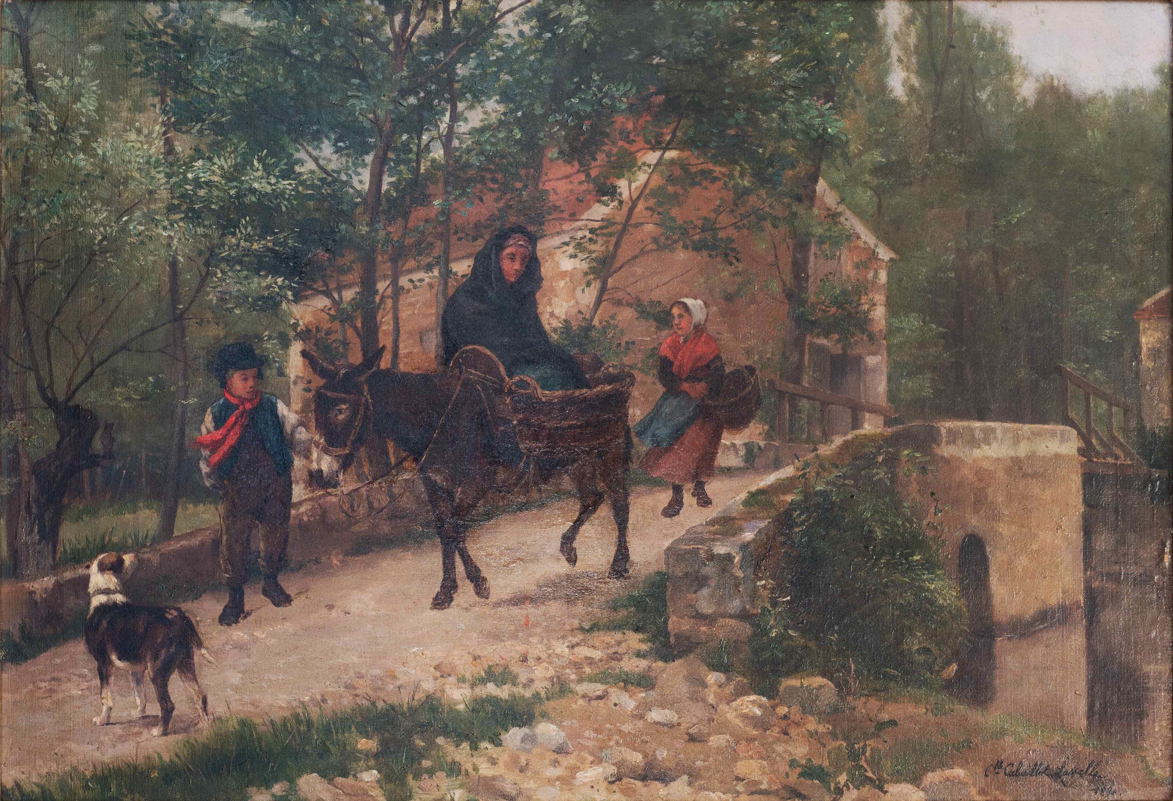 Woman on a donkey, on a bidge